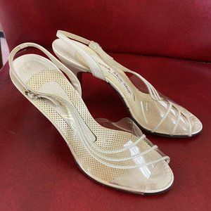 Vintage AMANO Clear Peep Toe Sling Back Heels 1960's Cream Leather Shoes Womens